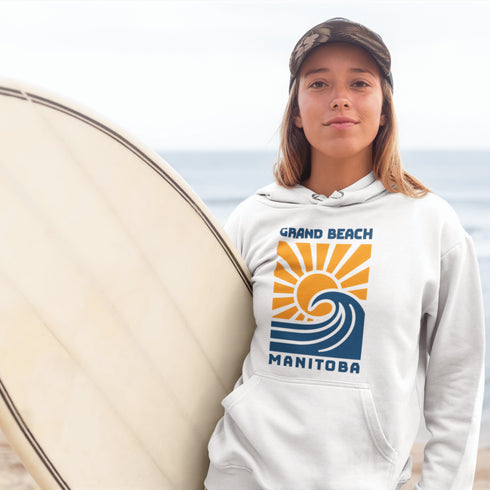 Catch the wave of nostalgia with our Grand Beach Manitoba hoodie — the perfect blend of vintage style and lakeside vibes.