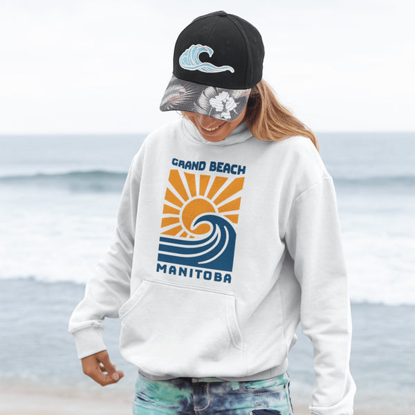 Catch the wave of nostalgia with our Grand Beach Manitoba hoodie — the perfect blend of vintage style and lakeside vibes.