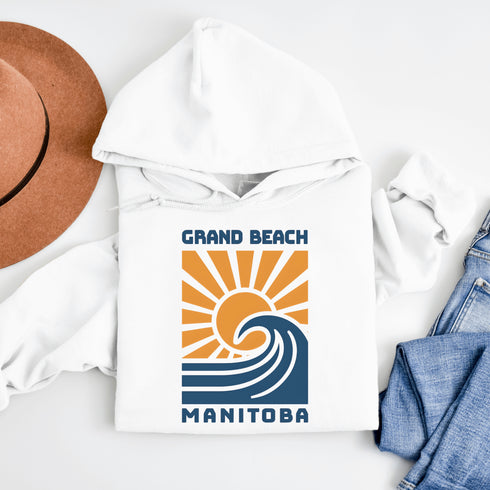 Catch the wave of nostalgia with our Grand Beach Manitoba hoodie — the perfect blend of vintage style and lakeside vibes.