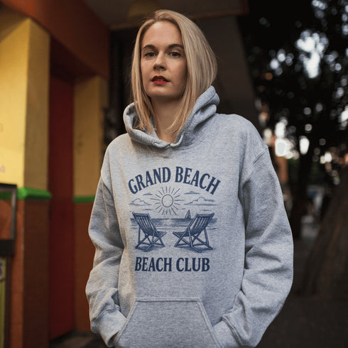 Soak up the vintage vibes with our Grand Beach Beach Club hoodie — a cozy classic made for lakeside lounging and sunset chasing.