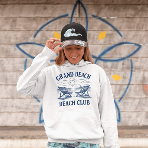 Soak up the vintage vibes with our Grand Beach Beach Club hoodie — a cozy classic made for lakeside lounging and sunset chasing.