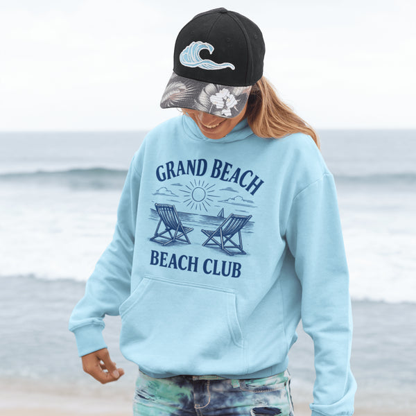 Soak up the vintage vibes with our Grand Beach Beach Club hoodie — a cozy classic made for lakeside lounging and sunset chasing.