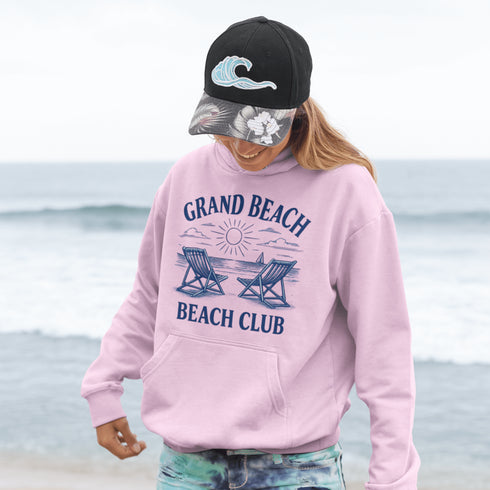 Soak up the vintage vibes with our Grand Beach Beach Club hoodie — a cozy classic made for lakeside lounging and sunset chasing.