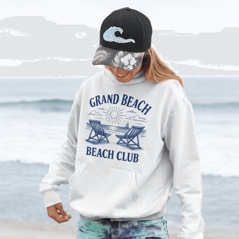 Soak up the vintage vibes with our Grand Beach Beach Club hoodie — a cozy classic made for lakeside lounging and sunset chasing.