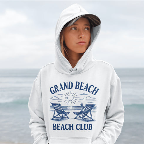 Soak up the vintage vibes with our Grand Beach Beach Club hoodie — a cozy classic made for lakeside lounging and sunset chasing.