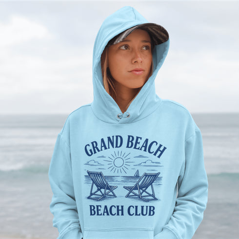 Soak up the vintage vibes with our Grand Beach Beach Club hoodie — a cozy classic made for lakeside lounging and sunset chasing.