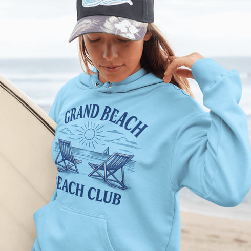 Soak up the vintage vibes with our Grand Beach Beach Club hoodie — a cozy classic made for lakeside lounging and sunset chasing.