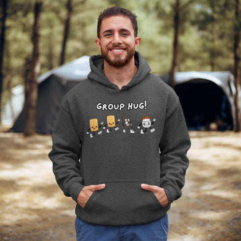 Introducing the ultimate camping companion - the Group Hug Camping Hoodie! Picture this: adorable cartoon s'mores characters chasing a rogue burning marshmallow across your chest, all while proclaiming "Group Hug!" Because who wouldn't want a cuddly trio of snacks on their apparel?