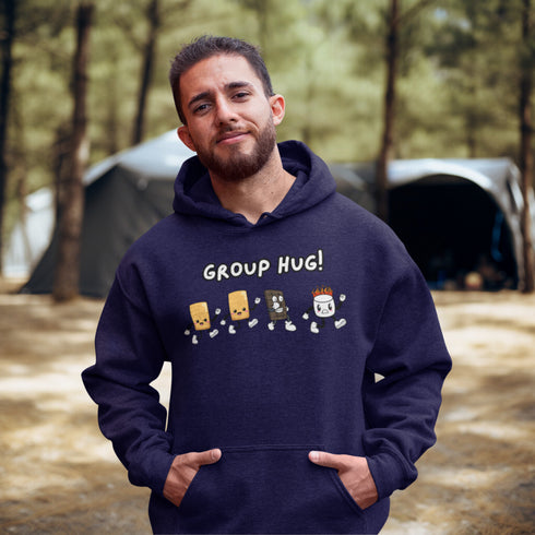 Introducing the ultimate camping companion - the Group Hug Camping Hoodie! Picture this: adorable cartoon s'mores characters chasing a rogue burning marshmallow across your chest, all while proclaiming "Group Hug!" Because who wouldn't want a cuddly trio of snacks on their apparel?