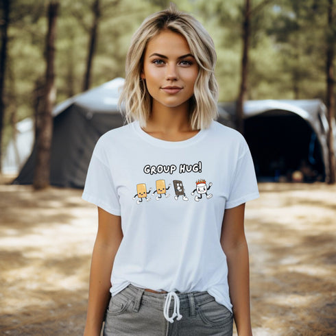 Introducing the ultimate camping fashion statement - our hilarious Group Hug T-shirt! Picture this: adorable cartoon s'mores characters sprinting after a rogue, blazing marshmallow like it's the last one on Earth. It's a scene straight out of a comedy sketch!
