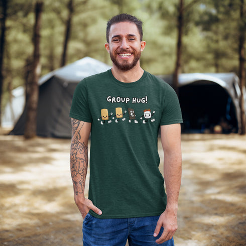 Introducing the ultimate camping fashion statement - our hilarious Group Hug T-shirt! Picture this: adorable cartoon s'mores characters sprinting after a rogue, blazing marshmallow like it's the last one on Earth. It's a scene straight out of a comedy sketch!