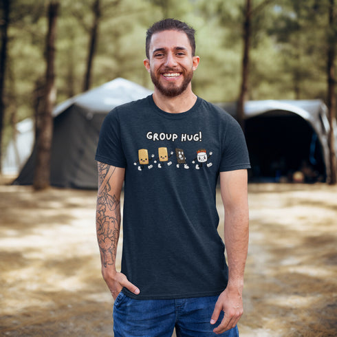 Introducing the ultimate camping fashion statement - our hilarious Group Hug T-shirt! Picture this: adorable cartoon s'mores characters sprinting after a rogue, blazing marshmallow like it's the last one on Earth. It's a scene straight out of a comedy sketch!