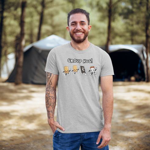 Introducing the ultimate camping fashion statement - our hilarious Group Hug T-shirt! Picture this: adorable cartoon s'mores characters sprinting after a rogue, blazing marshmallow like it's the last one on Earth. It's a scene straight out of a comedy sketch!