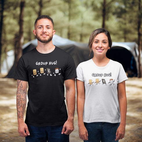 Introducing the ultimate camping fashion statement - our hilarious Group Hug T-shirt! Picture this: adorable cartoon s'mores characters sprinting after a rogue, blazing marshmallow like it's the last one on Earth. It's a scene straight out of a comedy sketch!