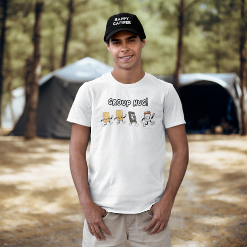Introducing the ultimate camping fashion statement - our hilarious Group Hug T-shirt! Picture this: adorable cartoon s'mores characters sprinting after a rogue, blazing marshmallow like it's the last one on Earth. It's a scene straight out of a comedy sketch!