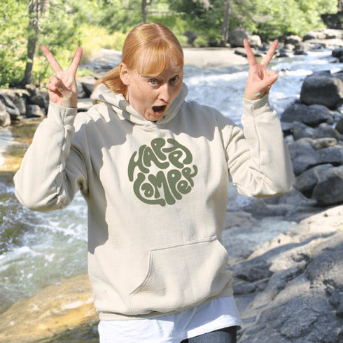 Introducing our Happy Camper Retro Letter Graphic hoodie, the perfect addition to your camping wardrobe! Made for outdoor enthusiasts and nature lovers alike, this sweater combines style and comfort for your next camping adventure.