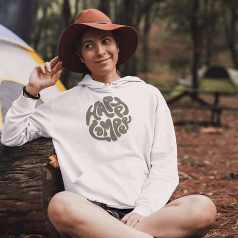 Introducing our Happy Camper Retro Letter Graphic hoodie, the perfect addition to your camping wardrobe! Made for outdoor enthusiasts and nature lovers alike, this sweater combines style and comfort for your next camping adventure.