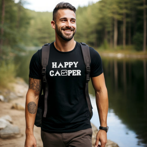 Introducing our "Happy Camper" t-shirt, the perfect addition to your outdoor adventures!