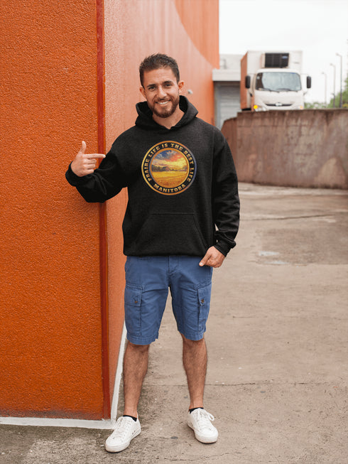 Featuring a breathtaking sunset over a golden wheat field on a farmer's land, this hoodie captures the peaceful essence of Manitoba’s rural charm.