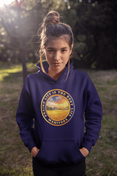Featuring a breathtaking sunset over a golden wheat field on a farmer's land, this hoodie captures the peaceful essence of Manitoba’s rural charm.