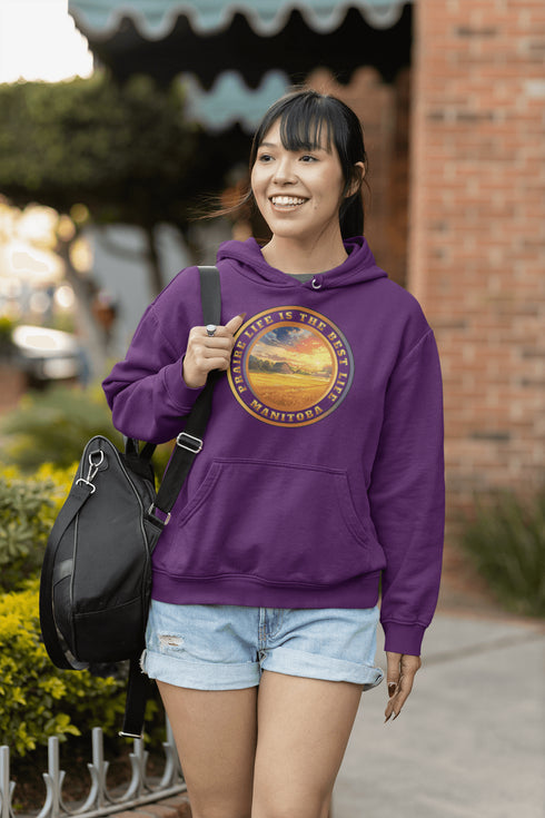 Featuring a breathtaking sunset over a golden wheat field on a farmer's land, this hoodie captures the peaceful essence of Manitoba’s rural charm.