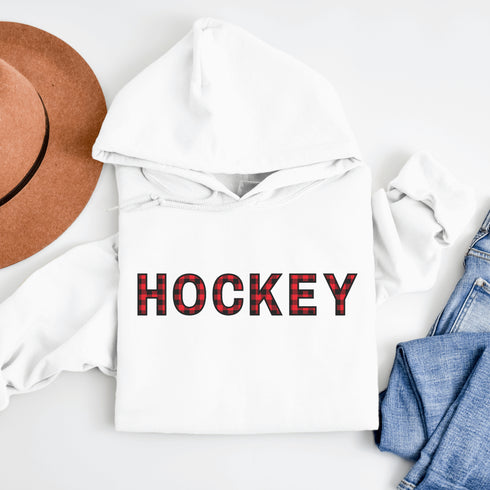 Introducing the Canada Hockey Hoodie, featuring "Hockey" in bold red and black Canadian plaid lettering—because nothing says “I’m Canadian” like plaid and hockey pride.