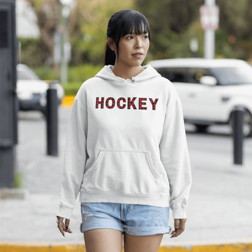 Introducing the Canada Hockey Hoodie, featuring "Hockey" in bold red and black Canadian plaid lettering—because nothing says “I’m Canadian” like plaid and hockey pride.