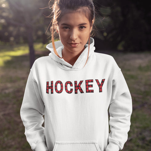 Introducing the Canada Hockey Hoodie, featuring "Hockey" in bold red and black Canadian plaid lettering—because nothing says “I’m Canadian” like plaid and hockey pride.