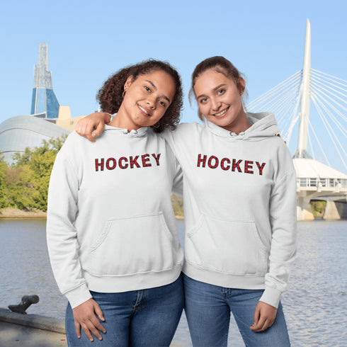 Introducing the Canada Hockey Hoodie, featuring "Hockey" in bold red and black Canadian plaid lettering—because nothing says “I’m Canadian” like plaid and hockey pride.
