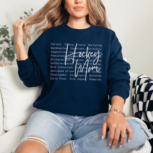Hockey Mom sweatshirt with handwritten script typography and descriptive text design on a cozy crewneck, perfect for rink moms and hockey season