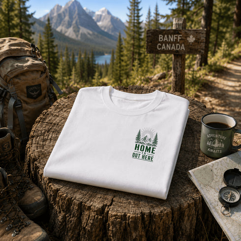 Home Is Out Here Comfort Colors 1717 graphic t-shirt featuring mountain, pine trees, and wilderness artwork with a small left chest logo and large back print.