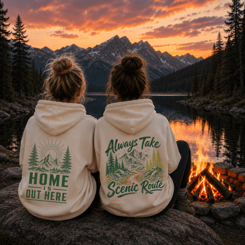Two people sitting on a rock by a campfire at sunset, seen from behind, wearing matching beige hoodies with green outdoor graphics and text. Mountains, a lake, and pine trees are visible in the background.