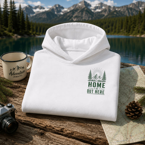 A folded white hoodie with a green 'HOME IS OUT HERE' forest graphic is displayed on a rustic wooden table. The scene is styled with a vintage coffee mug, a camera, a pinecone, and a map, with a scenic mountain lake backdrop.