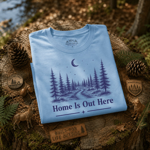 Folded blue t-shirt with nature-themed design on a wooden surface with pinecones and leaves.