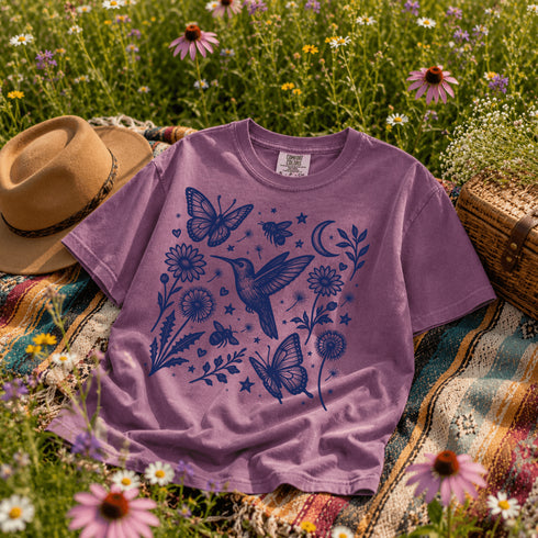 Vintage-inspired hummingbird and butterfly wildflower graphic printed on a Berry colored Comfort Colors t-shirt.