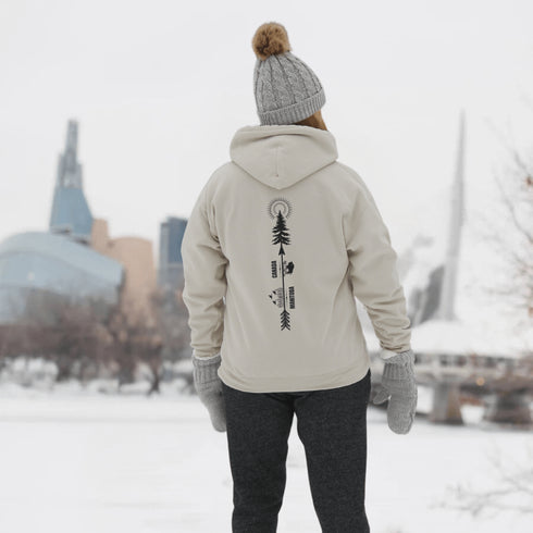 This hoodie features a unique design that showcases the beauty of Manitoba's nature icons, including prairie wheat, geese, bison, trees, and a big sun.