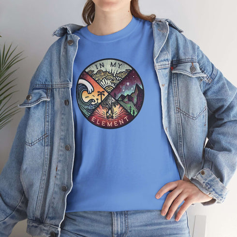 The In My Element t-shirt features a striking circular graphic representing the four classical elements—Fire, Water, Wind, and Earth.