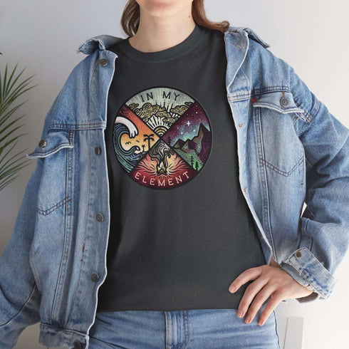 The In My Element t-shirt features a striking circular graphic representing the four classical elements—Fire, Water, Wind, and Earth.