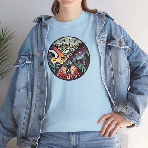 The In My Element t-shirt features a striking circular graphic representing the four classical elements—Fire, Water, Wind, and Earth.