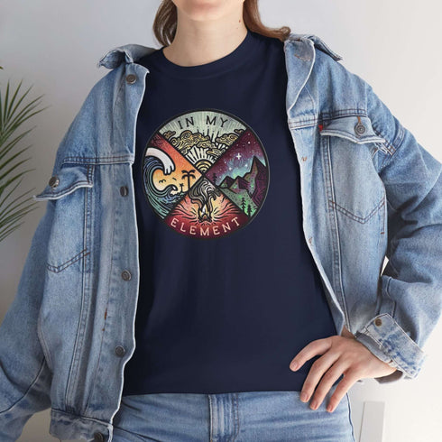 The In My Element t-shirt features a striking circular graphic representing the four classical elements—Fire, Water, Wind, and Earth.