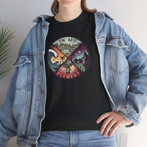 The In My Element t-shirt features a striking circular graphic representing the four classical elements—Fire, Water, Wind, and Earth.