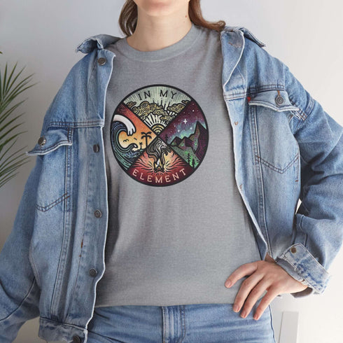 The In My Element t-shirt features a striking circular graphic representing the four classical elements—Fire, Water, Wind, and Earth.