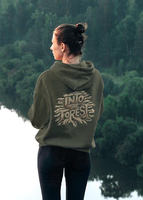 Featuring the phrase "Into the Forest" uniquely crafted in tree branch lettering, this design brings the beauty and mystery of the woods to life.