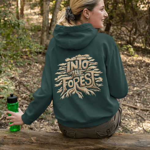 Featuring the phrase "Into the Forest" uniquely crafted in tree branch lettering, this design brings the beauty and mystery of the woods to life.