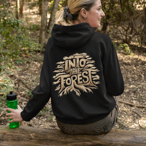 Featuring the phrase "Into the Forest" uniquely crafted in tree branch lettering, this design brings the beauty and mystery of the woods to life.