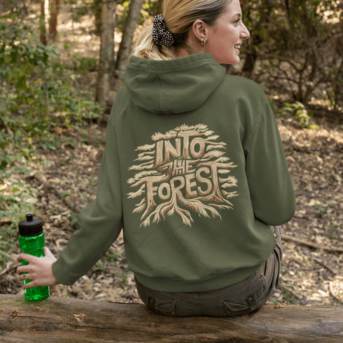 Featuring the phrase "Into the Forest" uniquely crafted in tree branch lettering, this design brings the beauty and mystery of the woods to life.