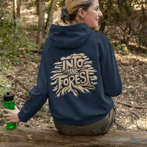 Featuring the phrase "Into the Forest" uniquely crafted in tree branch lettering, this design brings the beauty and mystery of the woods to life.
