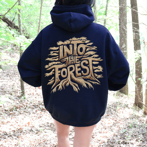 Featuring the phrase "Into the Forest" uniquely crafted in tree branch lettering, this design brings the beauty and mystery of the woods to life.