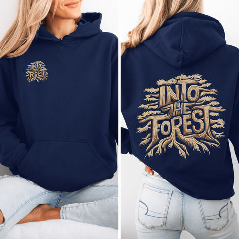 Featuring the phrase "Into the Forest" uniquely crafted in tree branch lettering, this design brings the beauty and mystery of the woods to life.