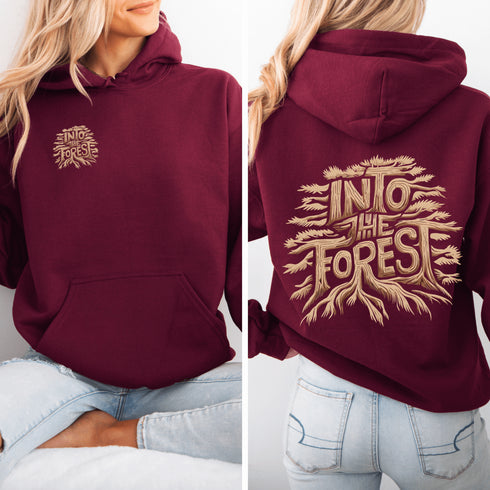 Featuring the phrase "Into the Forest" uniquely crafted in tree branch lettering, this design brings the beauty and mystery of the woods to life.